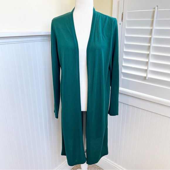 J. Jill Wearever Collection Emerald Green Open Front Longline Duster Cardigan - Picture 1 of 5